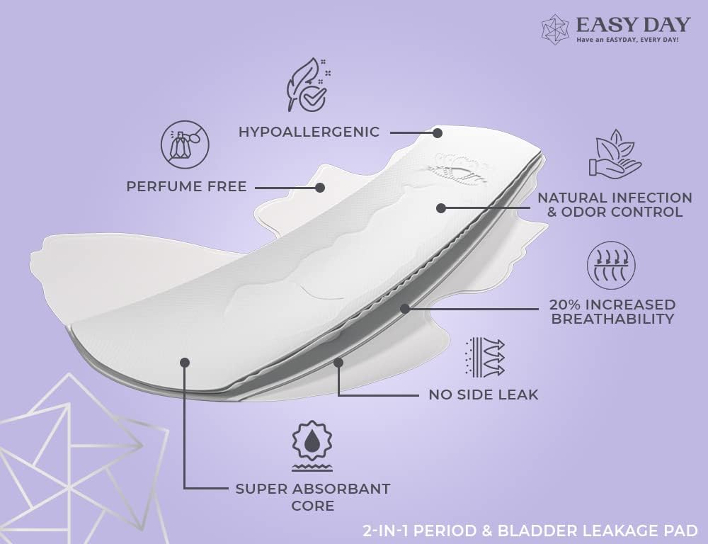 EASYDAY Overnight Heavy Flow(2-in-1 Period & Light Bladder Leakage Feminine Pads) Wings,[PATENTED]