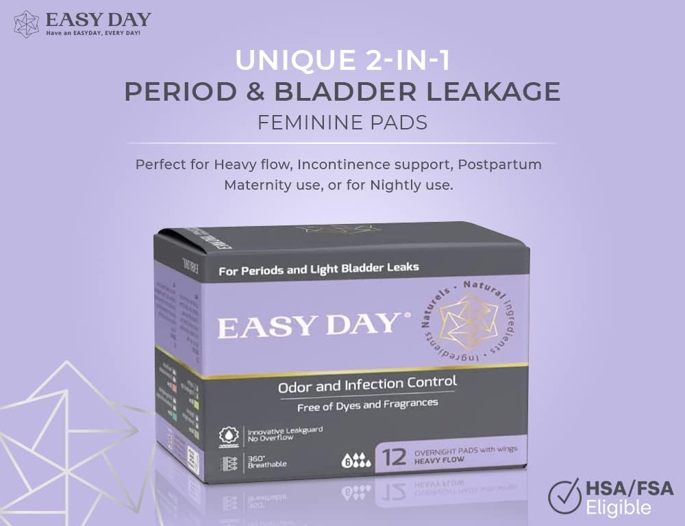 EASYDAY Overnight Heavy Flow(2-in-1 Period & Light Bladder Leakage Feminine Pads) Wings,[PATENTED]